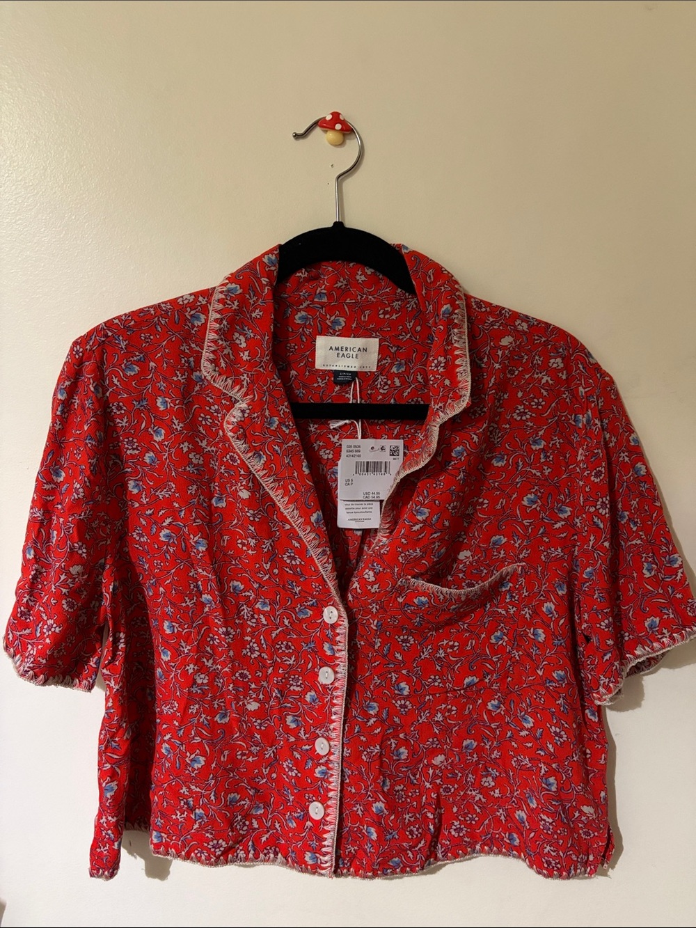 American Eagle Red Floral Button-Front Crop Top